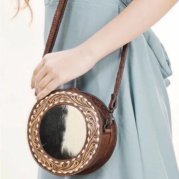 Western Bag Round Cowhide & Tooled Leather Canteen Bag On-hide Circle Bag - Picture 2 of 6